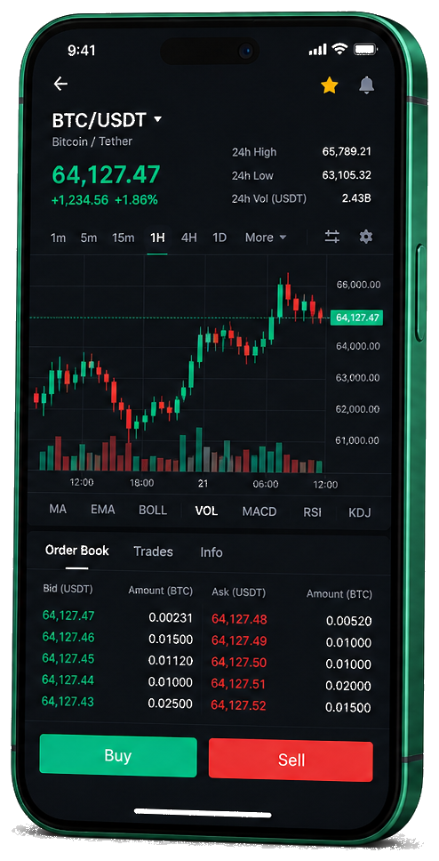 Shift Kinrix Opt trading platform on mobile — live BTC/USDT chart, order book, and buy/sell interface